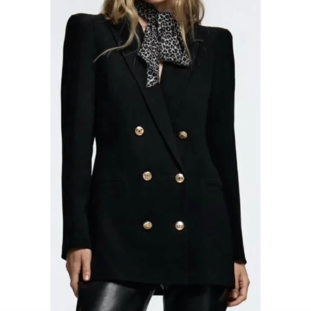 Zara Women's Suit Jacket Blazer Black Double Breasted Shoulder Pads XXL NWT